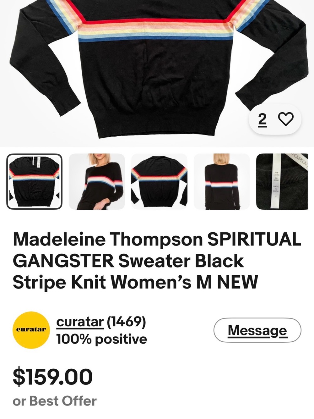 Spiritual Gangster x Madeleine Thompson Rainbow Stripe Knit Black Lightweight  L - Picture 7 of 8